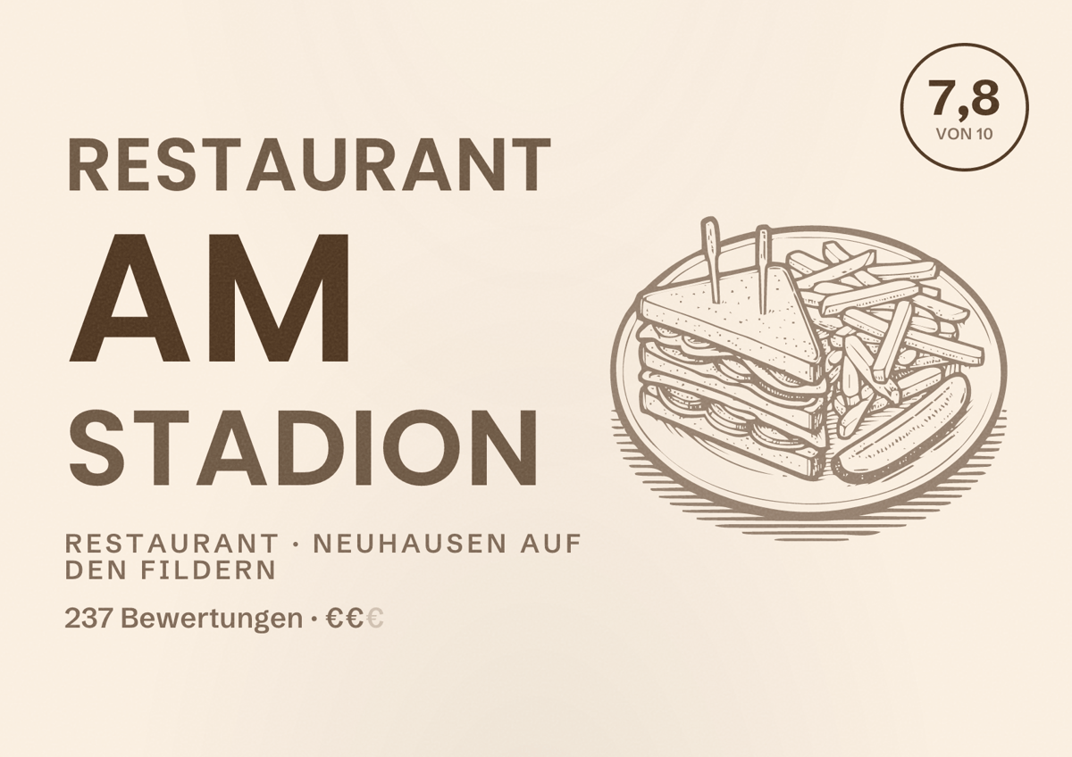 Illustriertes Poster von Restaurant am Stadion, Restaurant in Neuhausen auf den Fildern: Bewertung 7,8 von 10 aus 237 Bewertungen, Preisniveau €€