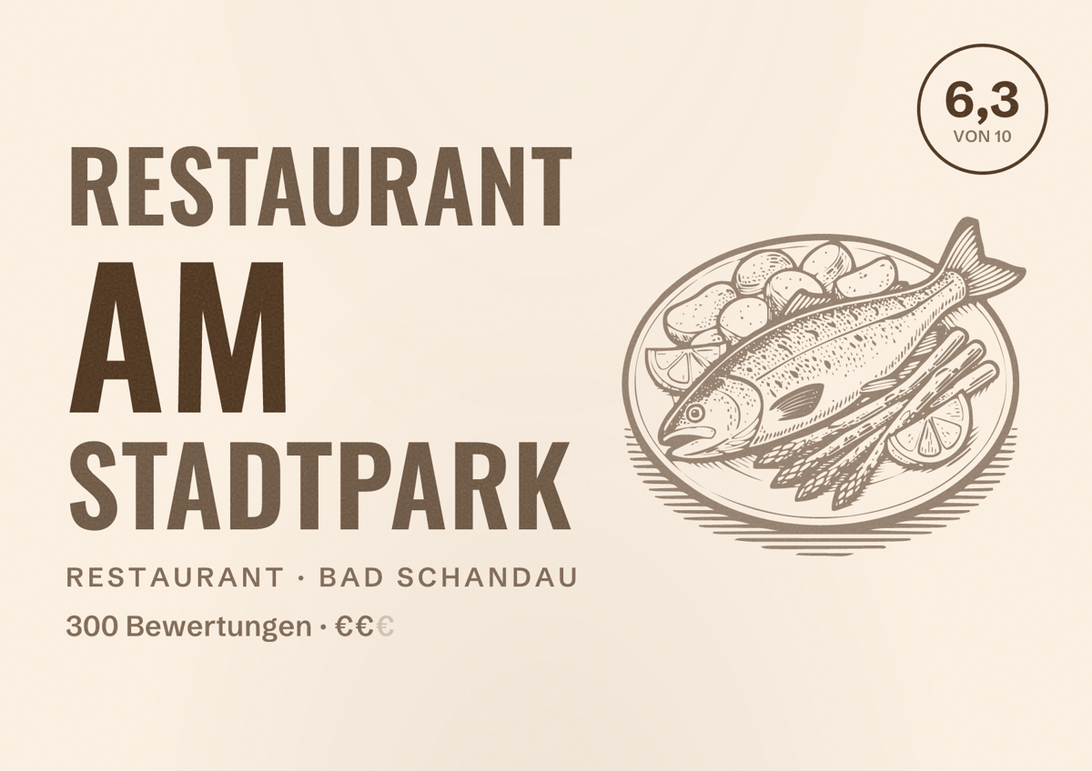 Illustriertes Poster von Restaurant Am Stadtpark, Restaurant in Bad Schandau: Bewertung 6,3 von 10 aus 300 Bewertungen, Preisniveau €€