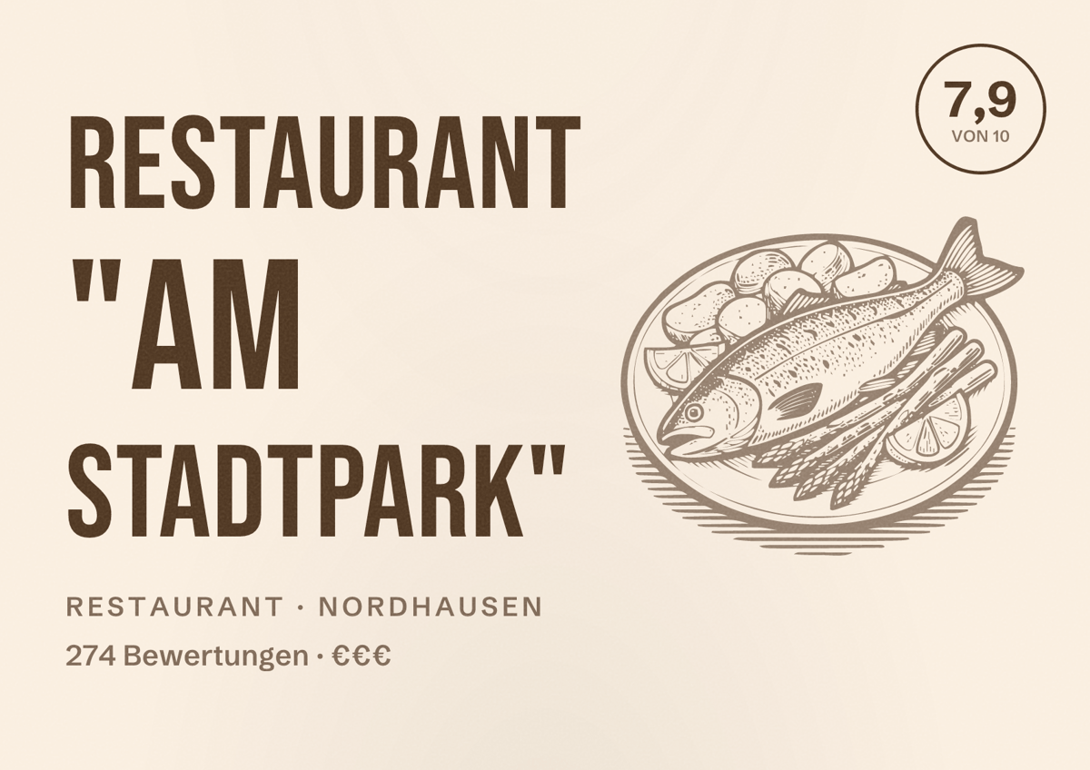 Illustriertes Poster von Restaurant "Am Stadtpark", Restaurant in Nordhausen: Bewertung 7,9 von 10 aus 274 Bewertungen, Preisniveau €€€