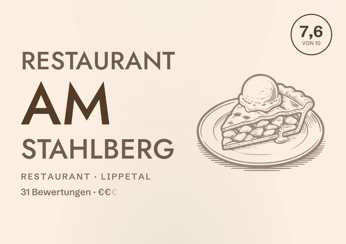 Illustriertes Poster von Restaurant am Stahlberg, Restaurant in Lippetal: Bewertung 7,6 von 10 aus 31 Bewertungen, Preisniveau €€