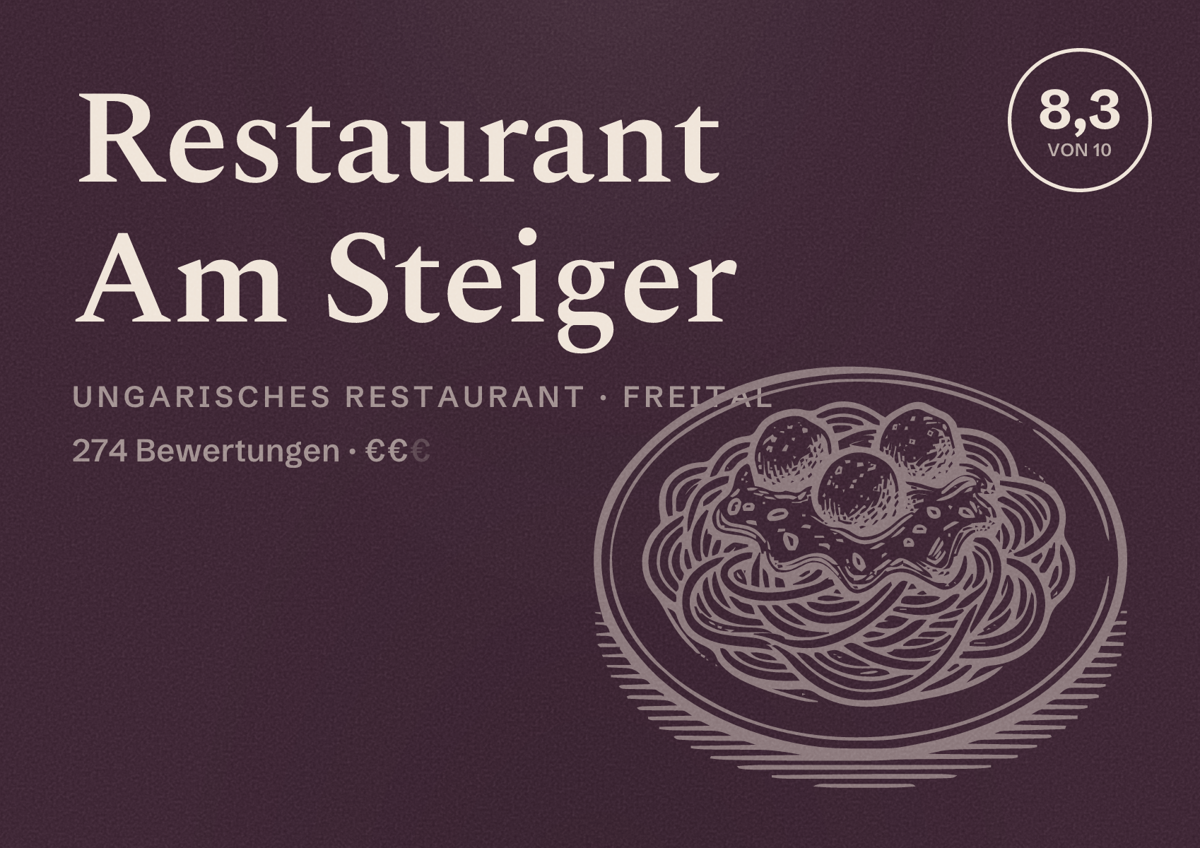 Illustriertes Poster von Restaurant Am Steiger, Ungarisches Restaurant in Freital: Bewertung 8,3 von 10 aus 274 Bewertungen, Preisniveau €€