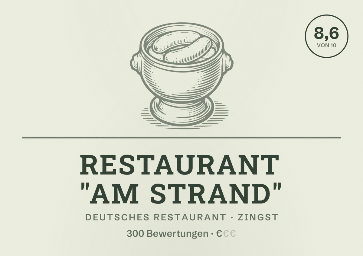 Illustriertes Poster von Restaurant "Am Strand", Deutsches Restaurant in Zingst: Bewertung 8,6 von 10 aus 300 Bewertungen, Preisniveau €