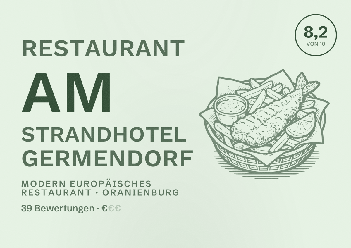Illustriertes Poster von Restaurant am Strandhotel Germendorf, Modern europäisches Restaurant in Oranienburg: Bewertung 8,2 von 10 aus 39 Bewertungen, Preisniveau €