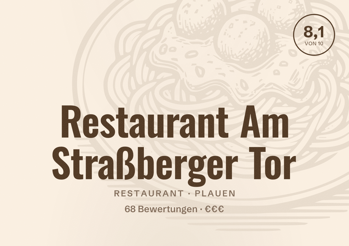 Illustriertes Poster von Restaurant Am Straßberger Tor, Restaurant in Plauen: Bewertung 8,1 von 10 aus 68 Bewertungen, Preisniveau €€€