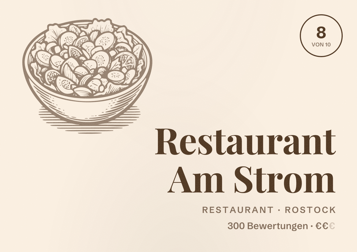Illustriertes Poster von Restaurant Am Strom, Restaurant in Rostock: Bewertung 8 von 10 aus 300 Bewertungen, Preisniveau €€