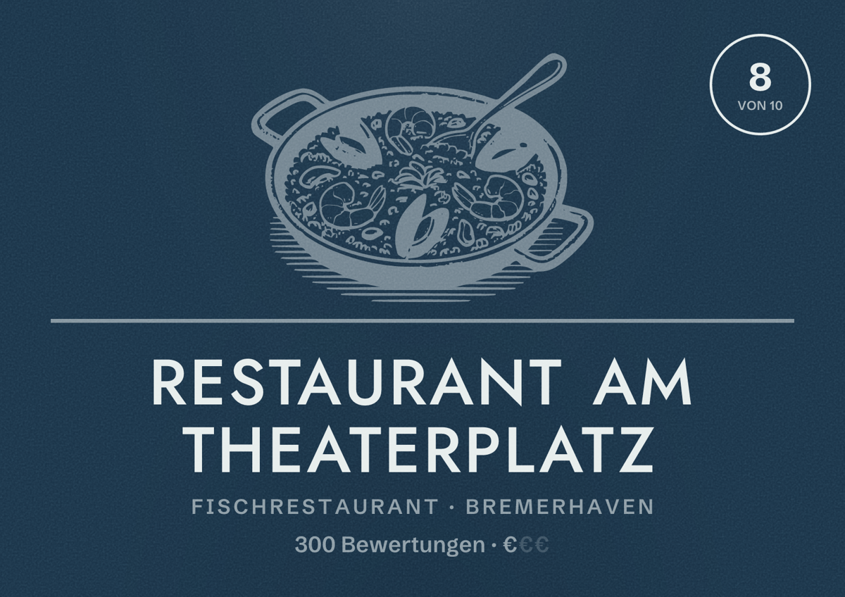 Illustriertes Poster von Restaurant Am Theaterplatz, Fischrestaurant in Bremerhaven: Bewertung 8 von 10 aus 300 Bewertungen, Preisniveau €