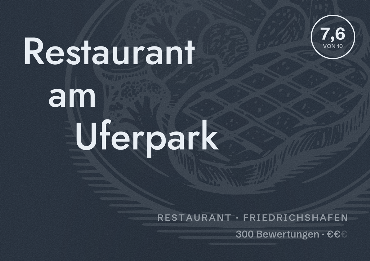 Illustriertes Poster von Restaurant am Uferpark, Restaurant in Friedrichshafen: Bewertung 7,6 von 10 aus 300 Bewertungen, Preisniveau €€