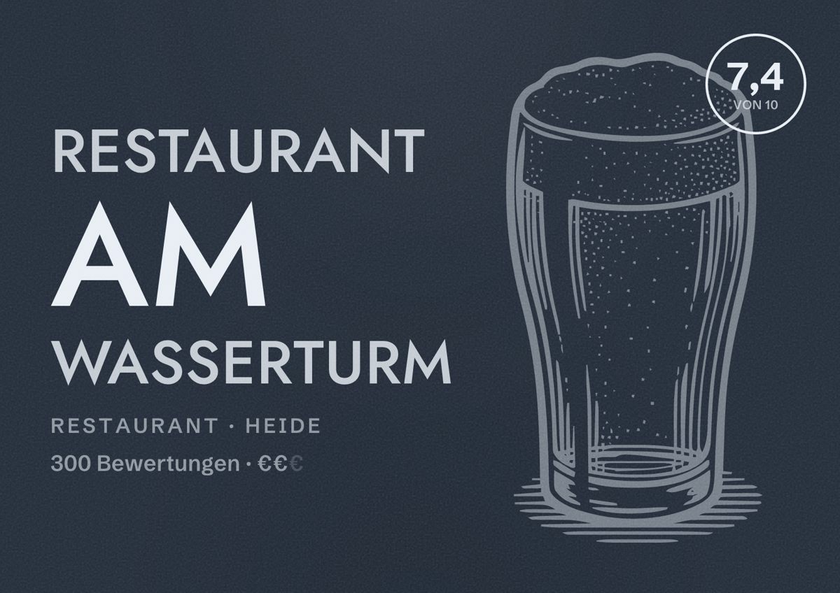 Illustriertes Poster von Restaurant Am Wasserturm, Restaurant in Heide: Bewertung 7,4 von 10 aus 300 Bewertungen, Preisniveau €€