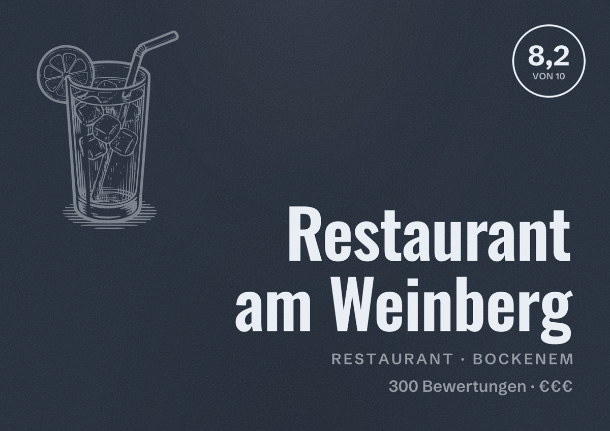 Illustriertes Poster von Restaurant am Weinberg, Restaurant in Bockenem: Bewertung 8,2 von 10 aus 300 Bewertungen, Preisniveau €€€