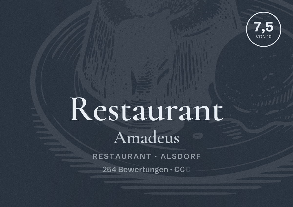 Illustriertes Poster von Restaurant Amadeus, Restaurant in Alsdorf: Bewertung 7,5 von 10 aus 254 Bewertungen, Preisniveau €€