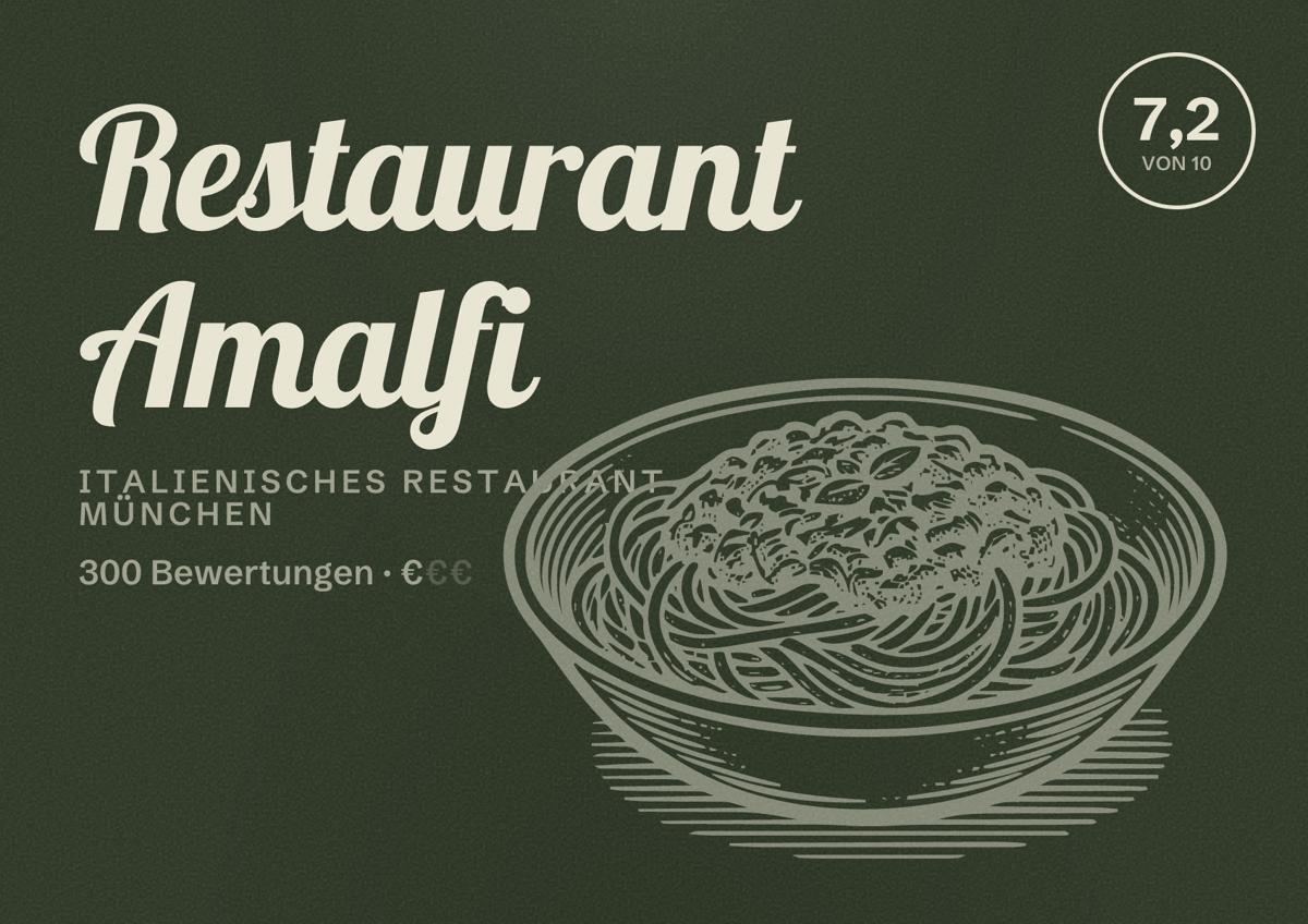 Illustriertes Poster von Restaurant Amalfi, Italienisches Restaurant in München: Bewertung 7,2 von 10 aus 300 Bewertungen, Preisniveau €