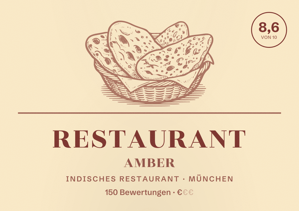 Illustriertes Poster von Restaurant Amber, Indisches Restaurant in München: Bewertung 8,6 von 10 aus 150 Bewertungen, Preisniveau €