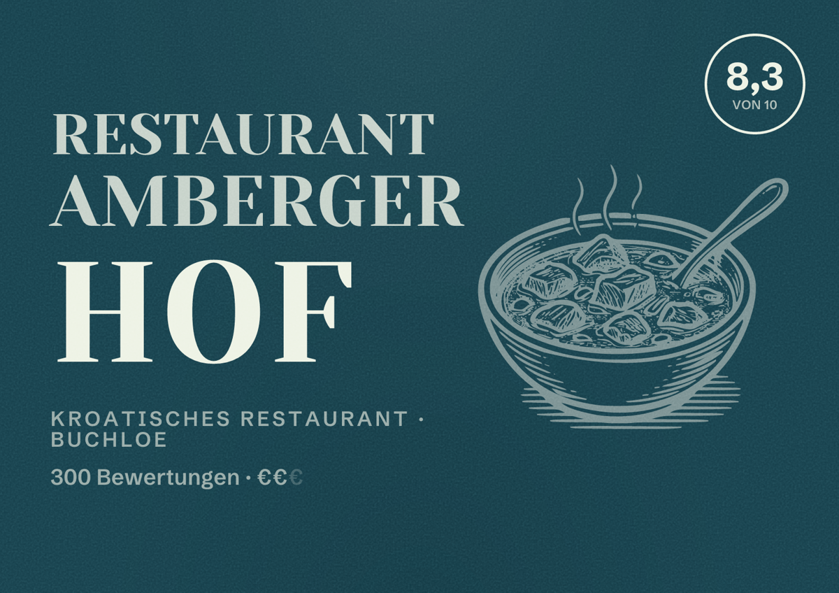 Illustriertes Poster von Restaurant Amberger Hof, Kroatisches Restaurant in Buchloe: Bewertung 8,3 von 10 aus 300 Bewertungen, Preisniveau €€