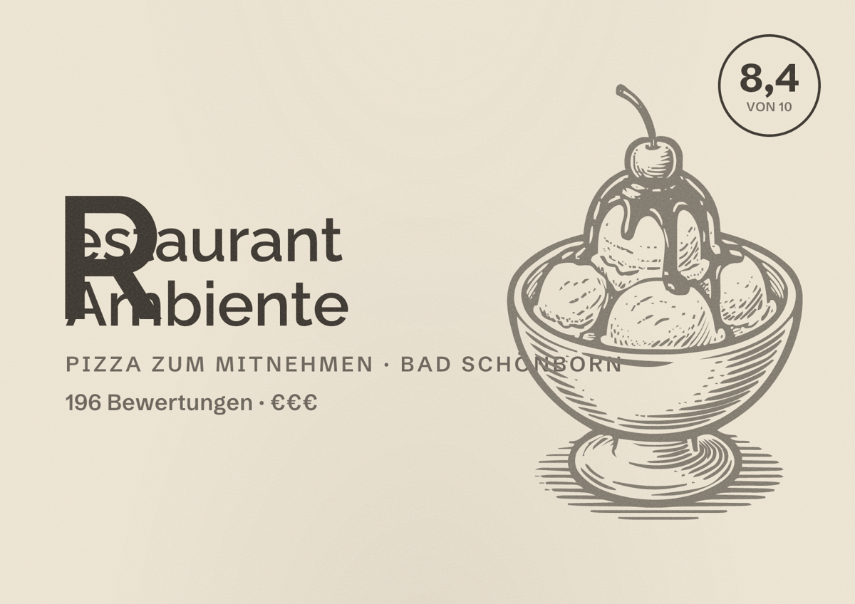 Illustriertes Poster von Restaurant Ambiente, Pizza zum Mitnehmen in Bad Schönborn: Bewertung 8,4 von 10 aus 196 Bewertungen, Preisniveau €€€