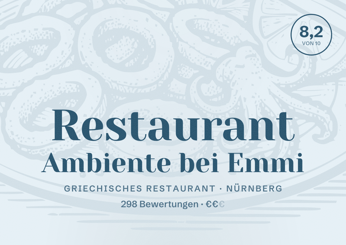 Illustriertes Poster von Restaurant Ambiente bei Emmi, Griechisches Restaurant in Nürnberg: Bewertung 8,2 von 10 aus 298 Bewertungen, Preisniveau €€