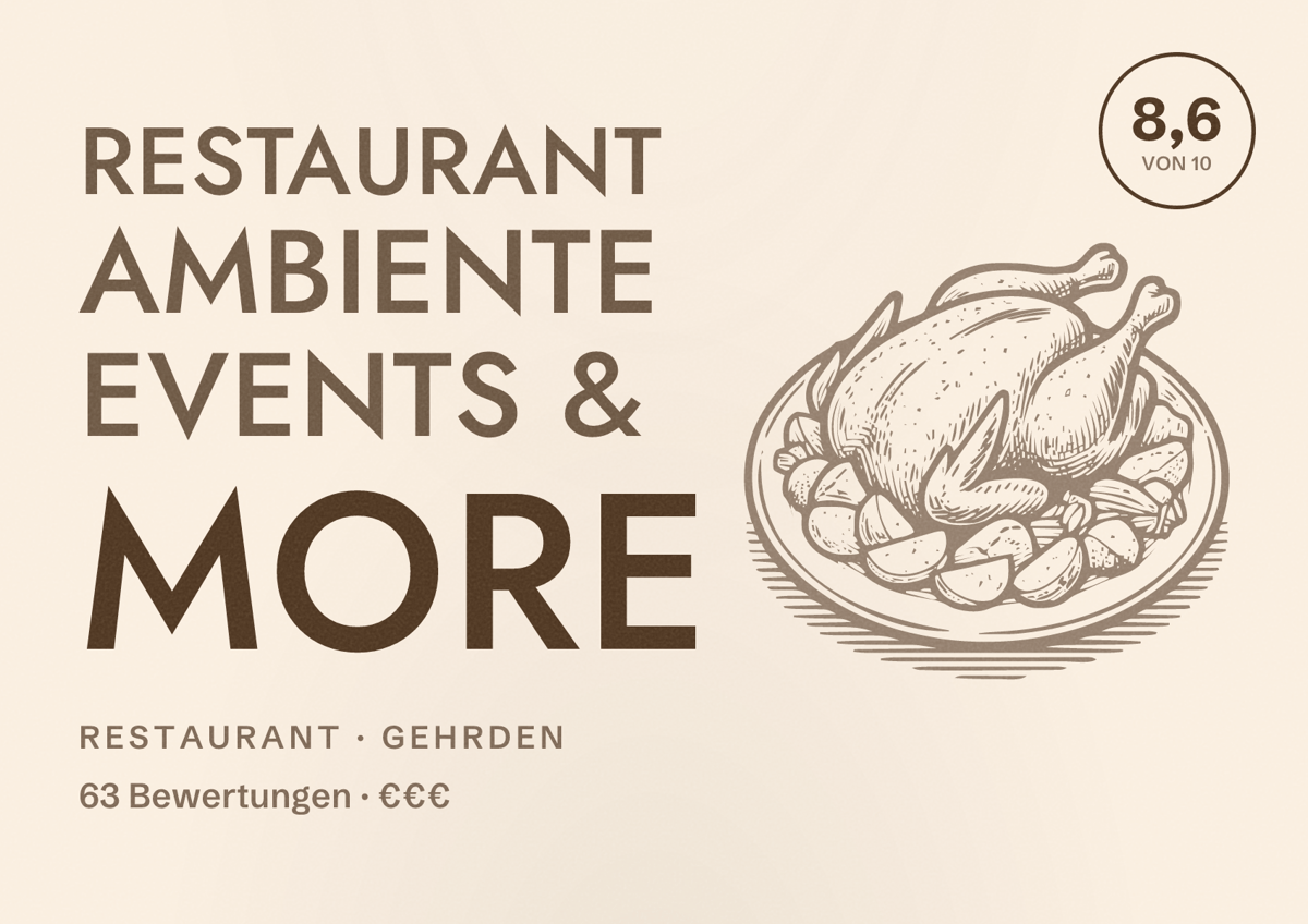 Illustriertes Poster von Restaurant Ambiente Events & More, Restaurant in Gehrden: Bewertung 8,6 von 10 aus 63 Bewertungen, Preisniveau €€€