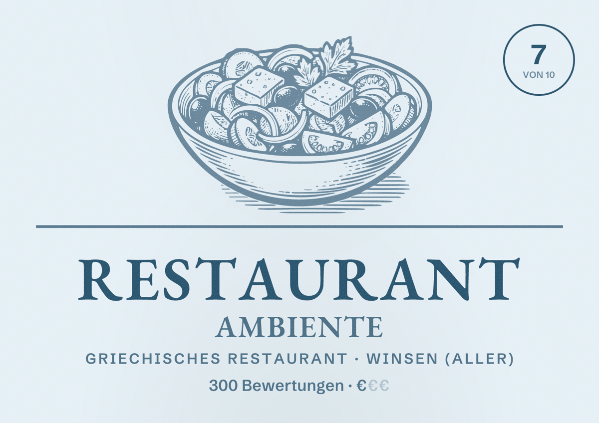 Illustriertes Poster von Restaurant Ambiente, Griechisches Restaurant in Winsen (Aller): Bewertung 7 von 10 aus 300 Bewertungen, Preisniveau €