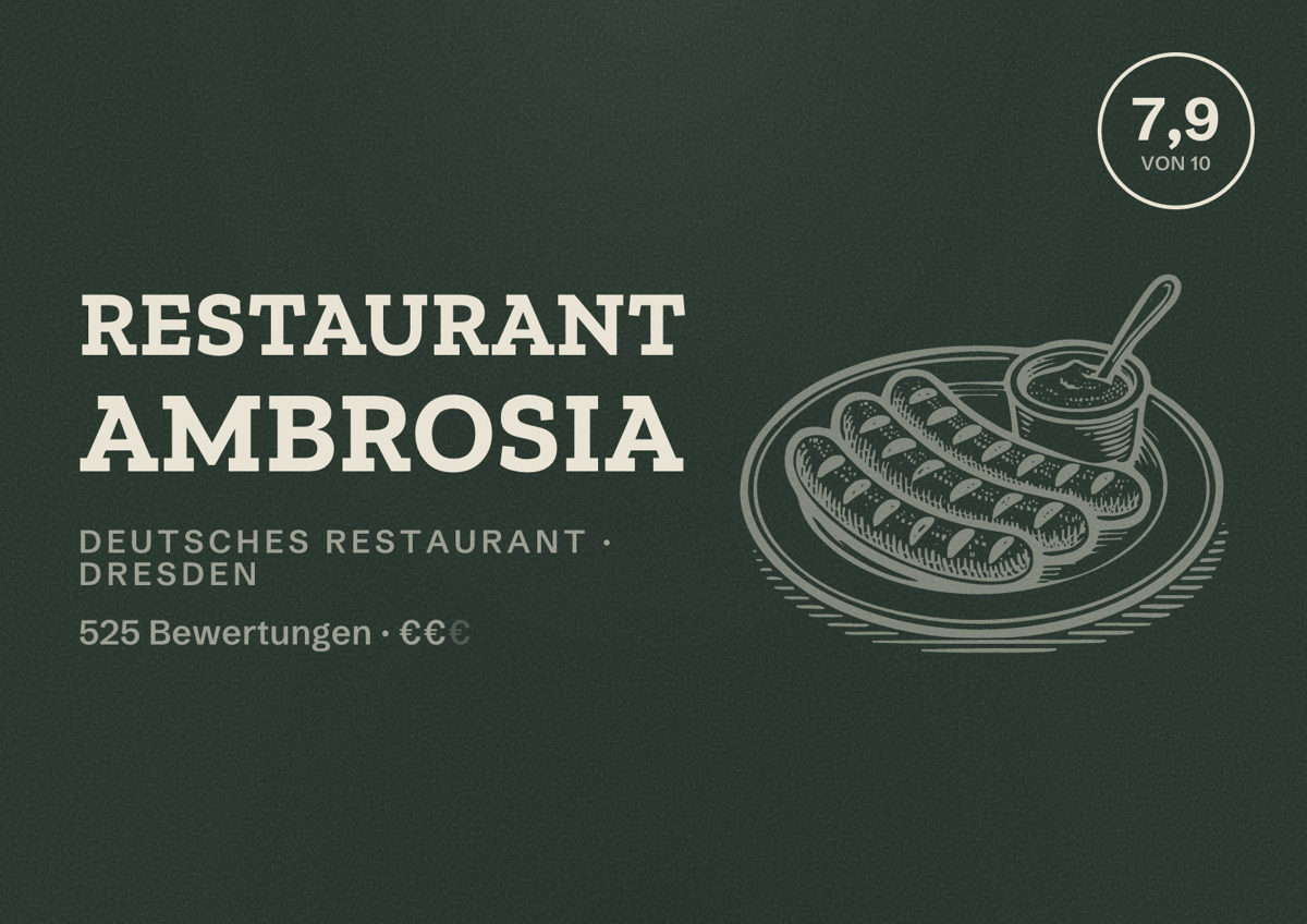 Illustriertes Poster von Restaurant Ambrosia, Deutsches Restaurant in Dresden: Bewertung 7,9 von 10 aus 525 Bewertungen, Preisniveau €€