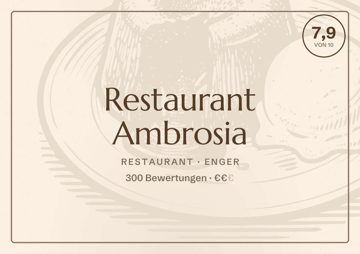 Illustriertes Poster von Restaurant Ambrosia, Restaurant in Enger: Bewertung 7,9 von 10 aus 300 Bewertungen, Preisniveau €€