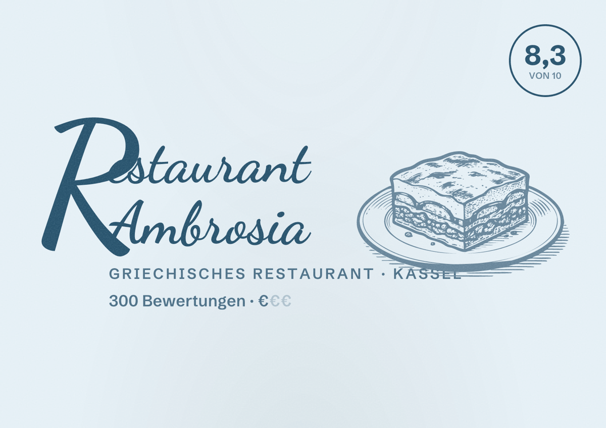 Illustriertes Poster von Restaurant Ambrosia, Griechisches Restaurant in Kassel: Bewertung 8,3 von 10 aus 300 Bewertungen, Preisniveau €