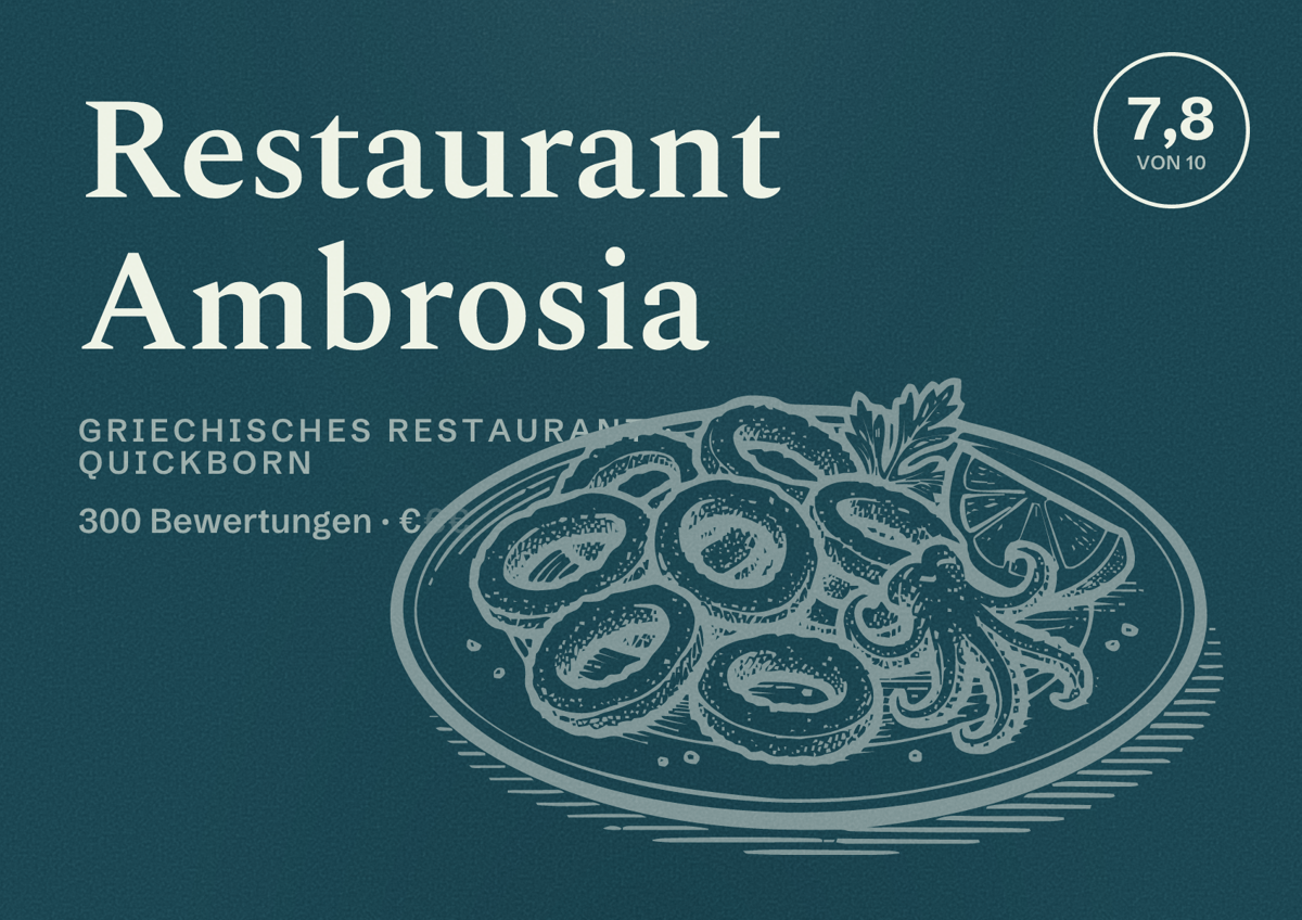 Illustriertes Poster von Restaurant Ambrosia, Griechisches Restaurant in Quickborn: Bewertung 7,8 von 10 aus 300 Bewertungen, Preisniveau €