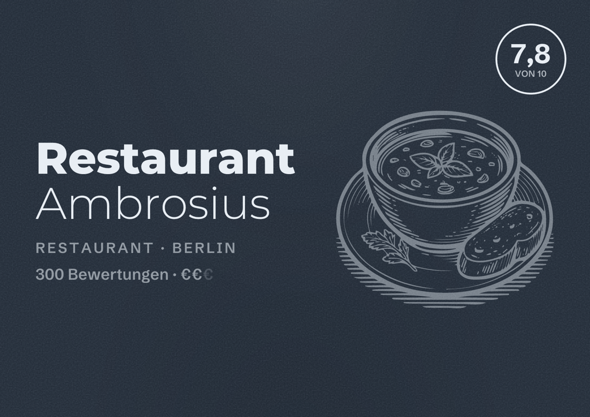 Illustriertes Poster von Restaurant Ambrosius, Restaurant in Berlin: Bewertung 7,8 von 10 aus 300 Bewertungen, Preisniveau €€