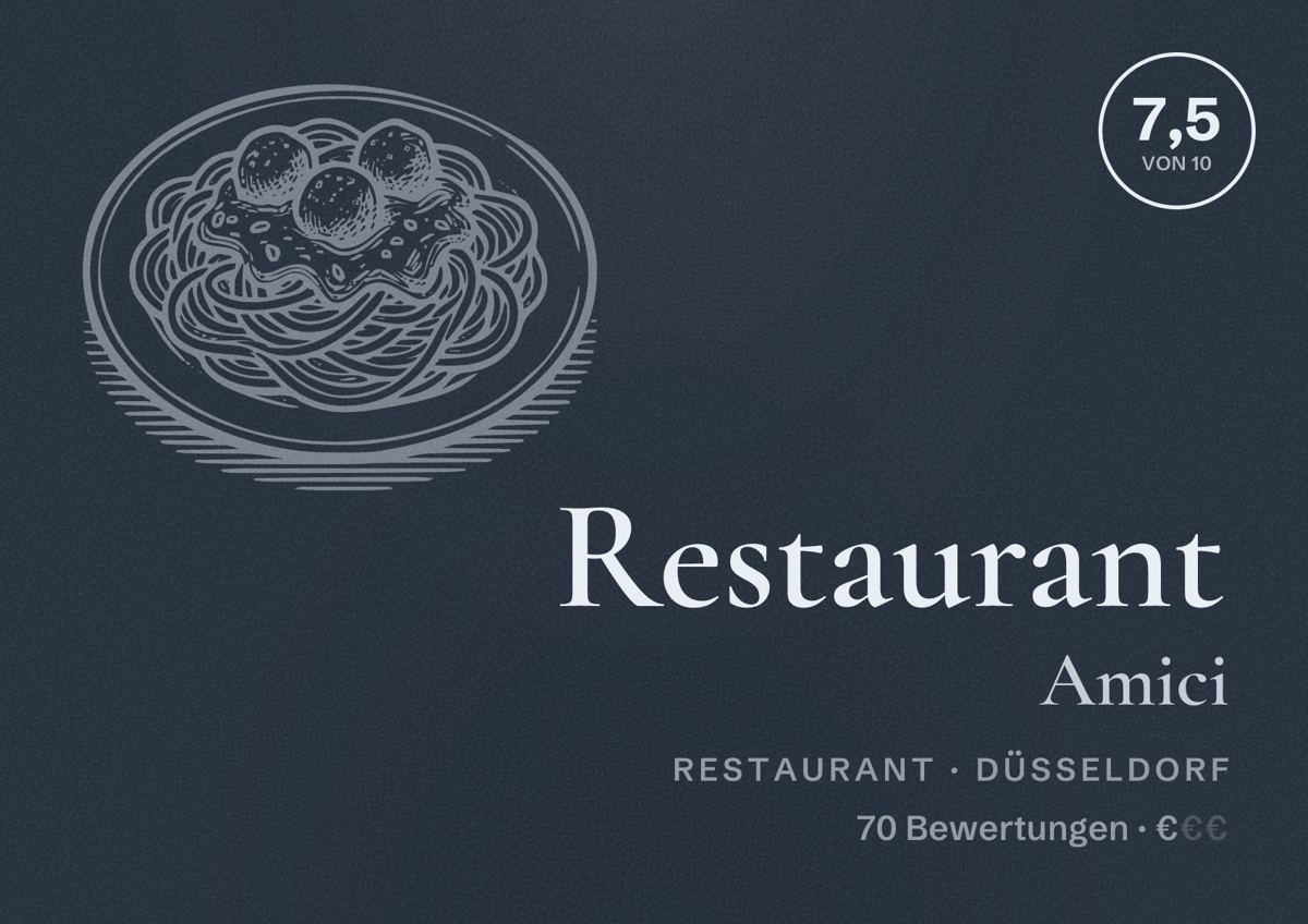 Illustriertes Poster von Restaurant Amici, Restaurant in Düsseldorf: Bewertung 7,5 von 10 aus 70 Bewertungen, Preisniveau €