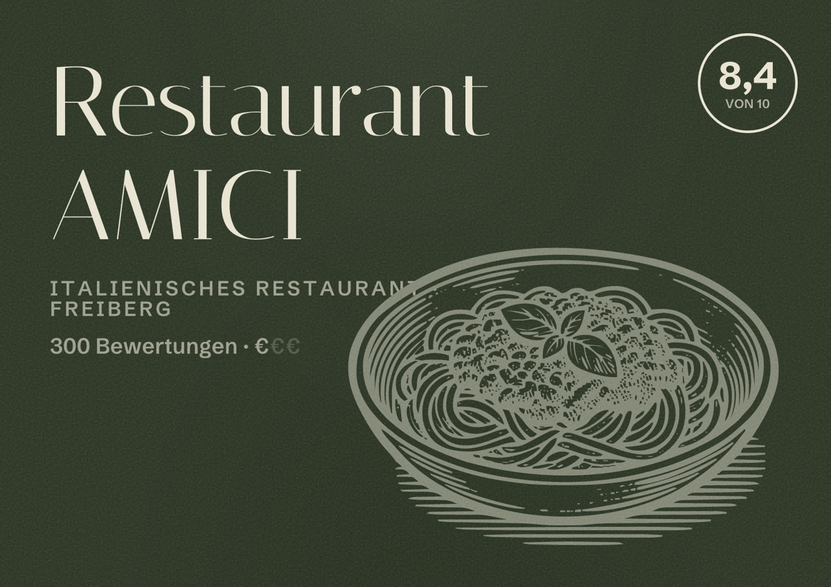 Illustriertes Poster von Restaurant AMICI, Italienisches Restaurant in Freiberg: Bewertung 8,4 von 10 aus 300 Bewertungen, Preisniveau €