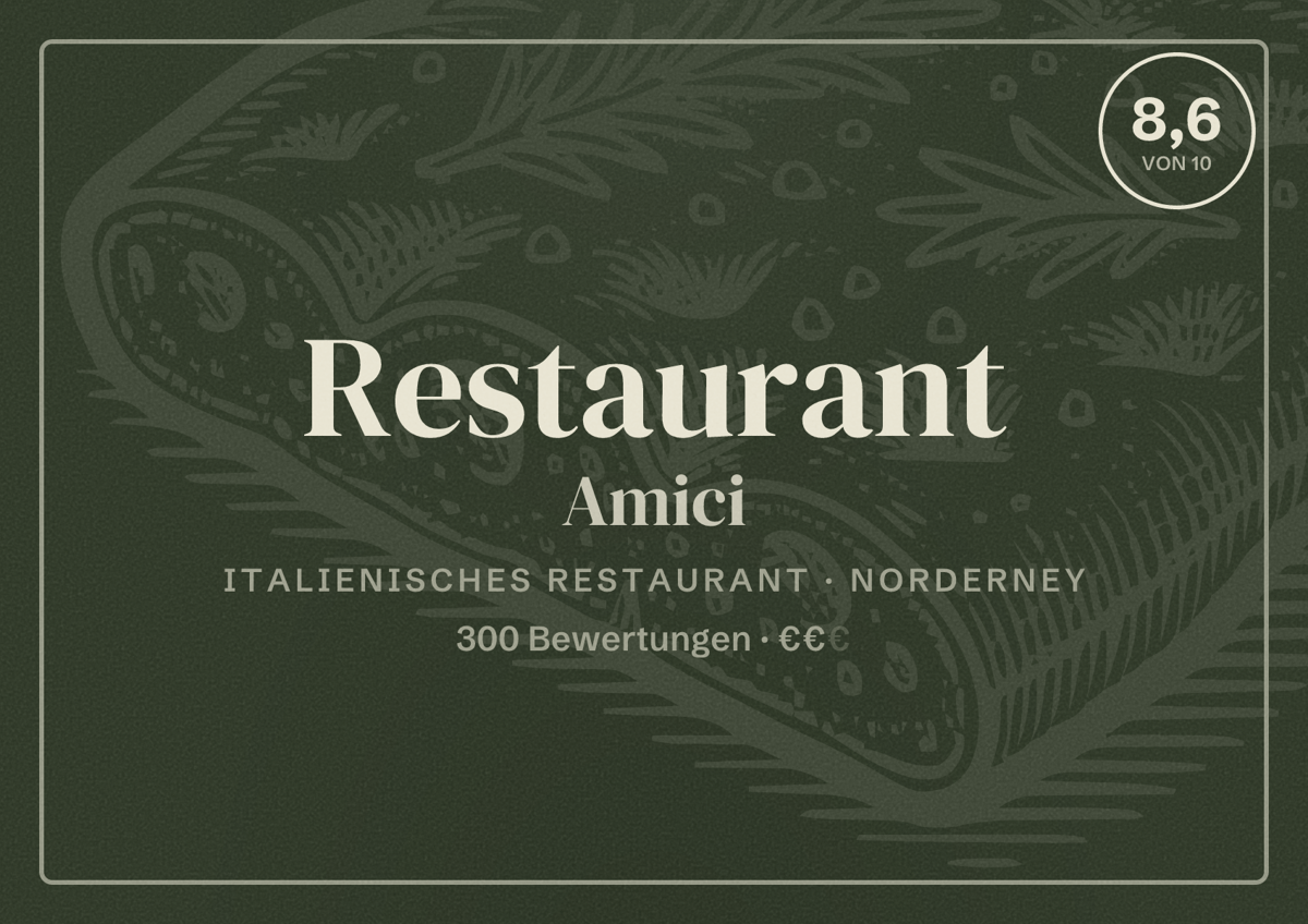 Illustriertes Poster von Restaurant Amici, Italienisches Restaurant in Norderney: Bewertung 8,6 von 10 aus 300 Bewertungen, Preisniveau €€