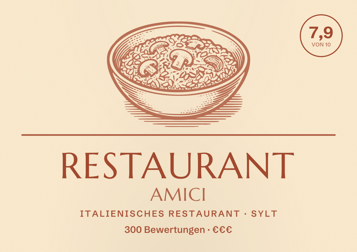 Illustriertes Poster von Restaurant Amici, Italienisches Restaurant in Sylt: Bewertung 7,9 von 10 aus 300 Bewertungen, Preisniveau €€€