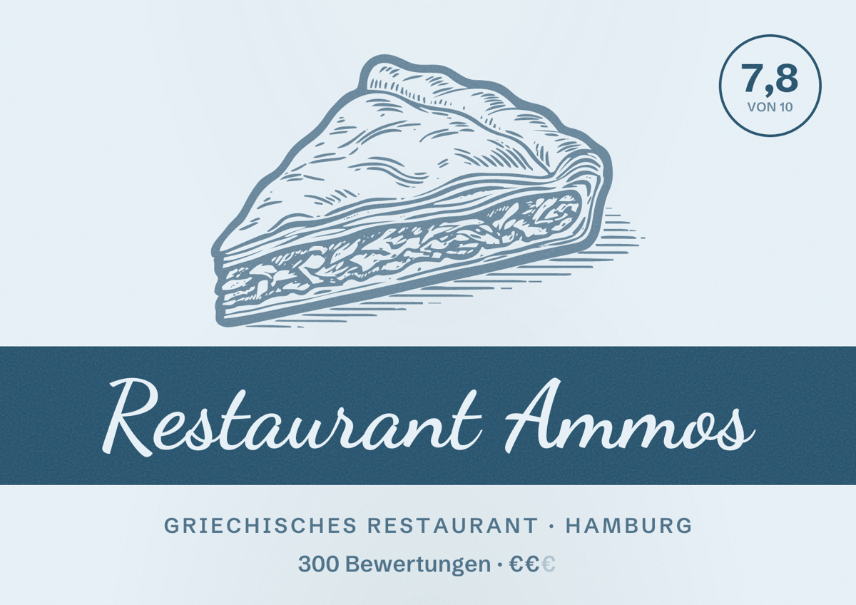 Illustriertes Poster von Restaurant Ammos, Griechisches Restaurant in Hamburg: Bewertung 7,8 von 10 aus 300 Bewertungen, Preisniveau €€