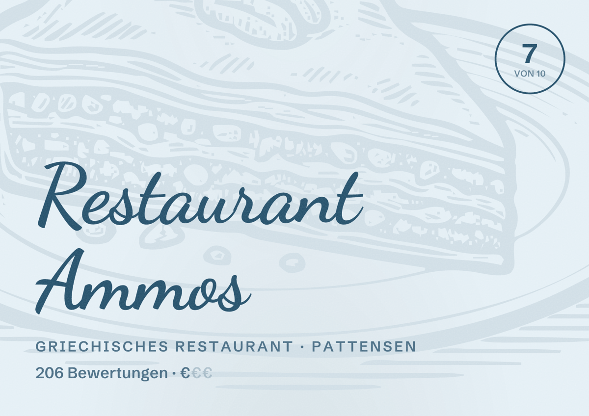 Illustriertes Poster von Restaurant Ammos, Griechisches Restaurant in Pattensen: Bewertung 7 von 10 aus 206 Bewertungen, Preisniveau €