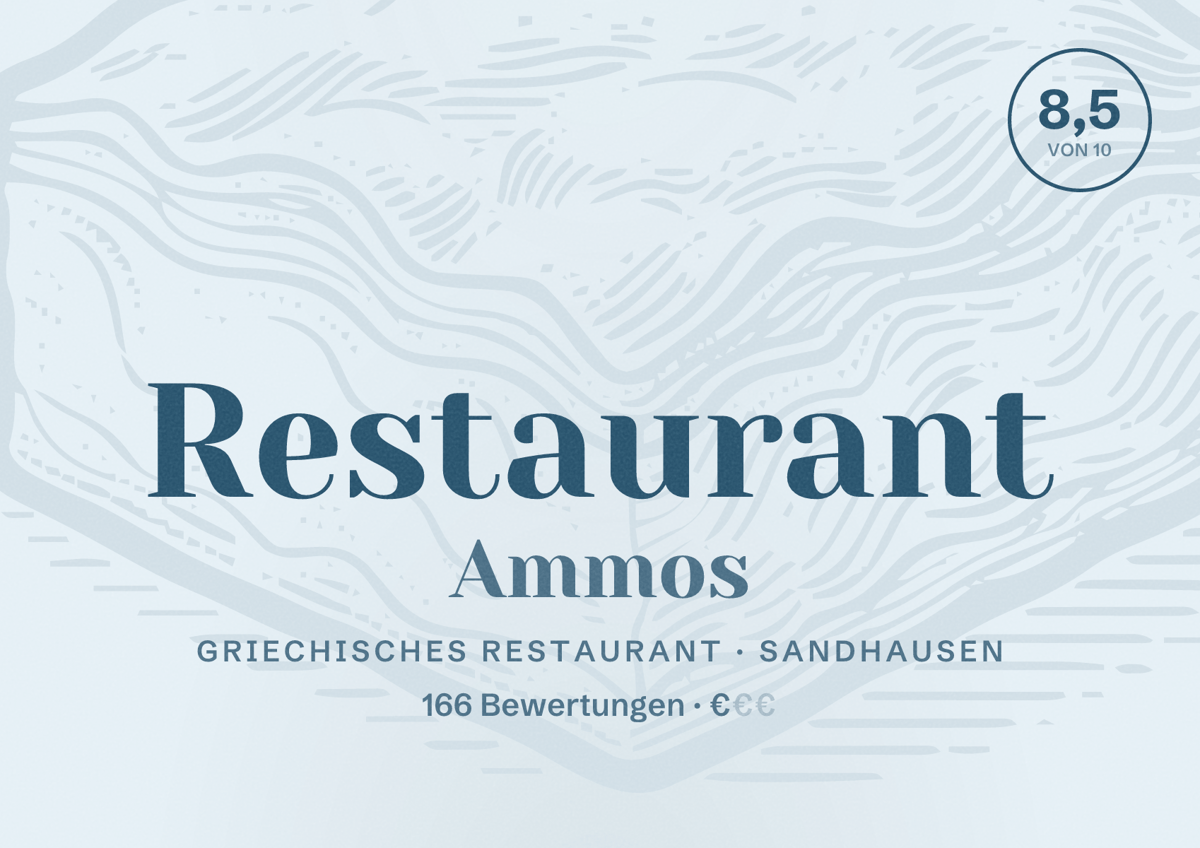 Illustriertes Poster von Restaurant Ammos, Griechisches Restaurant in Sandhausen: Bewertung 8,5 von 10 aus 166 Bewertungen, Preisniveau €