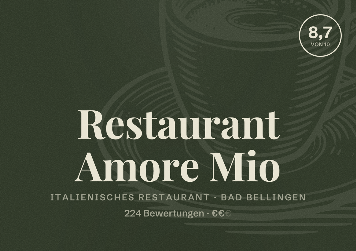 Illustriertes Poster von Restaurant Amore Mio, Italienisches Restaurant in Bad Bellingen: Bewertung 8,7 von 10 aus 224 Bewertungen, Preisniveau €€