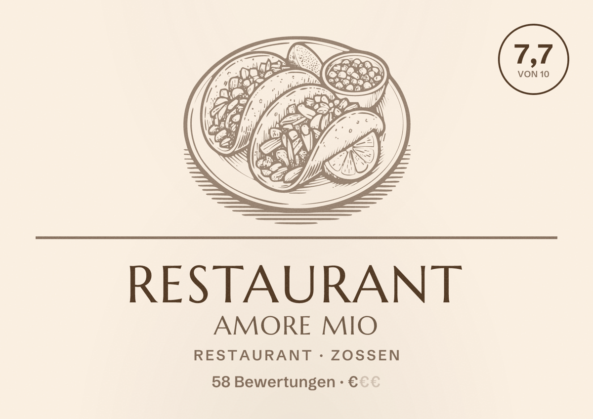 Illustriertes Poster von Restaurant Amore Mio, Restaurant in Zossen: Bewertung 7,7 von 10 aus 58 Bewertungen, Preisniveau €