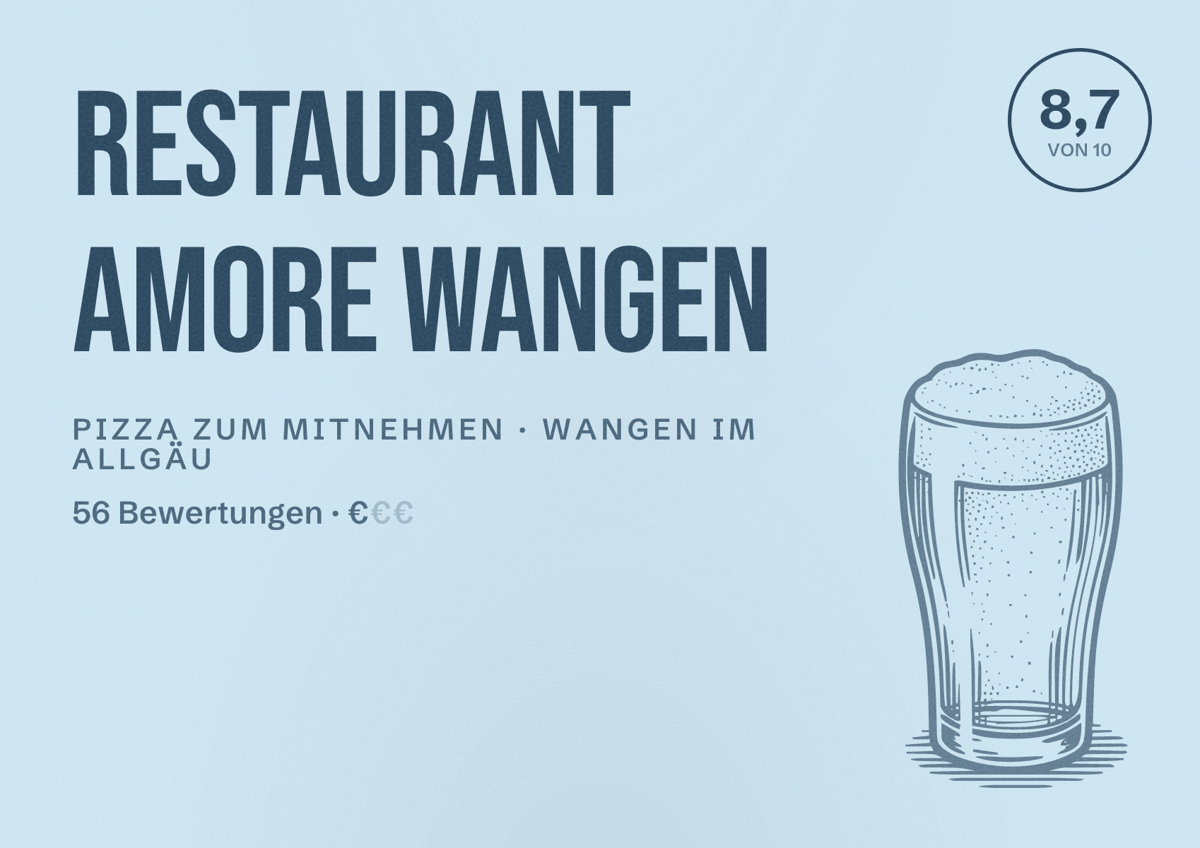 Illustriertes Poster von Restaurant Amore Wangen, Pizza zum Mitnehmen in Wangen im Allgäu: Bewertung 8,7 von 10 aus 56 Bewertungen, Preisniveau €
