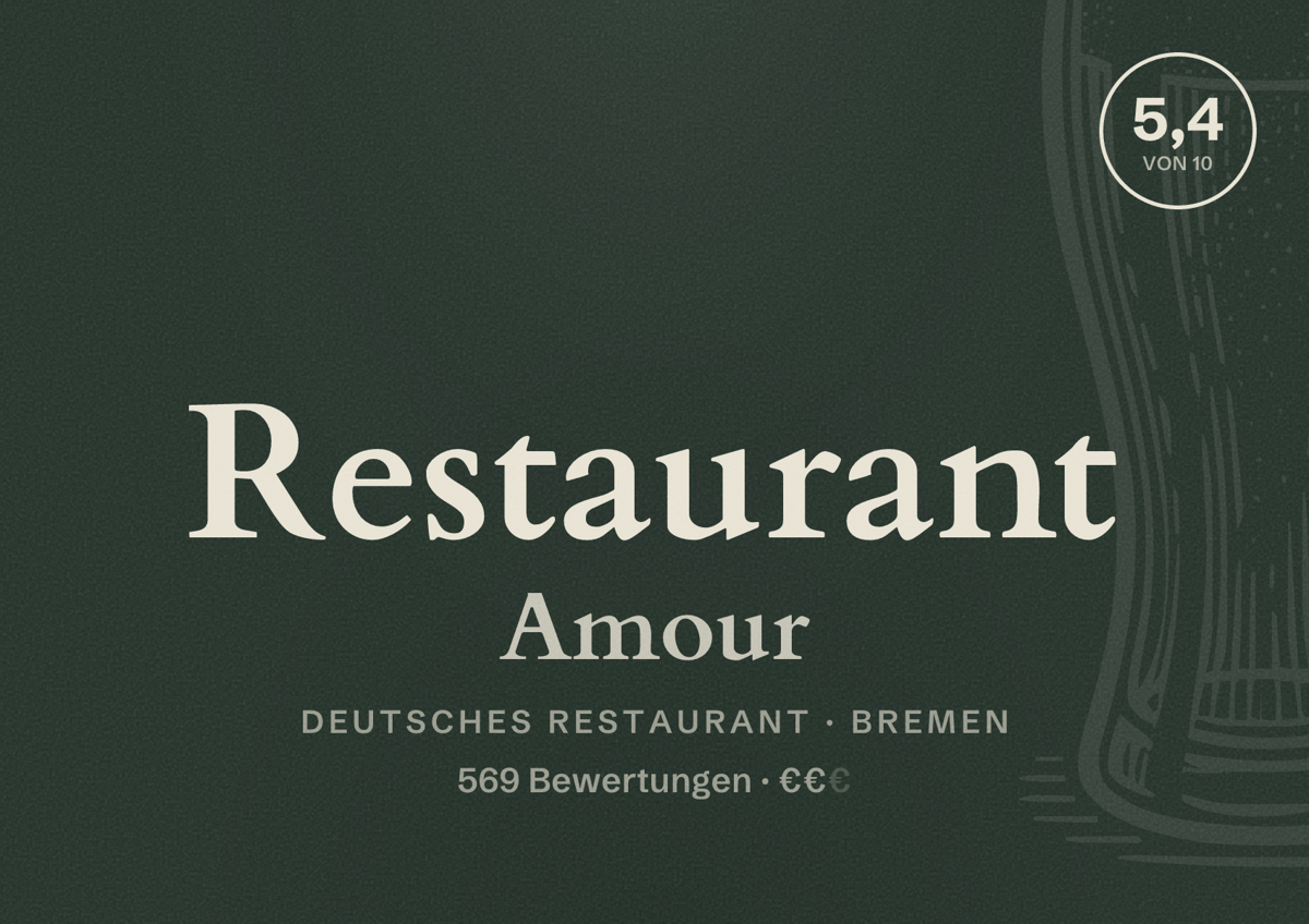 Illustriertes Poster von Restaurant Amour, Deutsches Restaurant in Bremen: Bewertung 5,4 von 10 aus 569 Bewertungen, Preisniveau €€