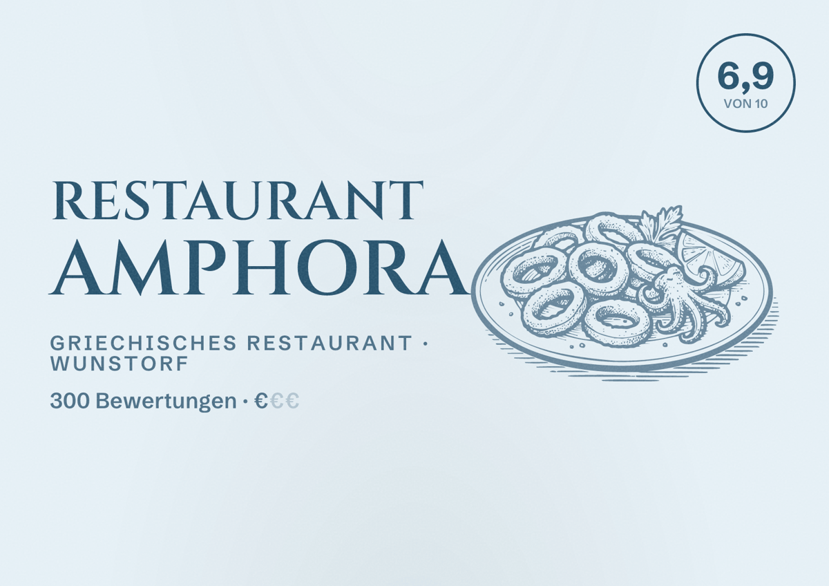 Illustriertes Poster von Restaurant Amphora, Griechisches Restaurant in Wunstorf: Bewertung 6,9 von 10 aus 300 Bewertungen, Preisniveau €