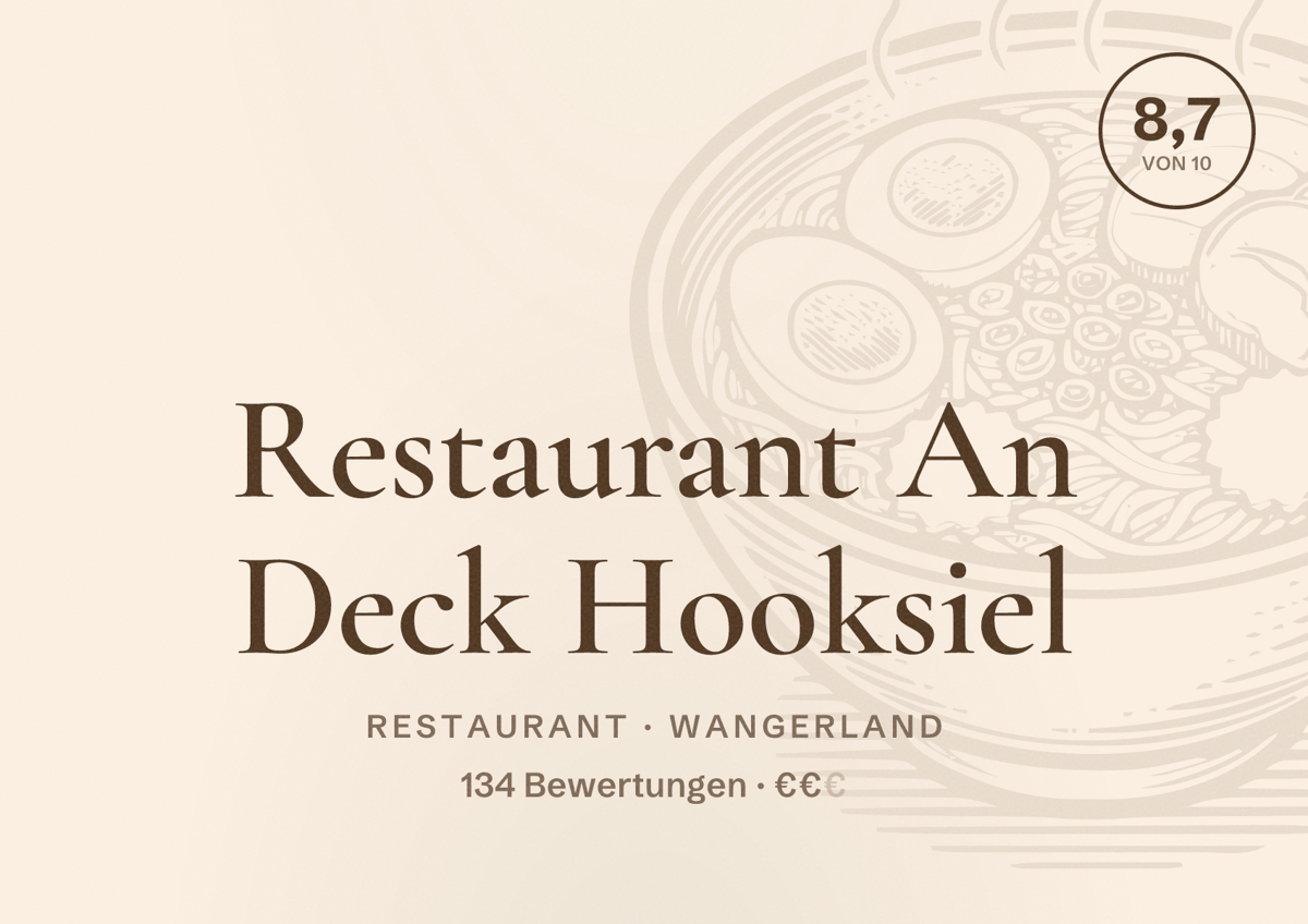 Illustriertes Poster von Restaurant An Deck Hooksiel, Restaurant in Wangerland: Bewertung 8,7 von 10 aus 134 Bewertungen, Preisniveau €€