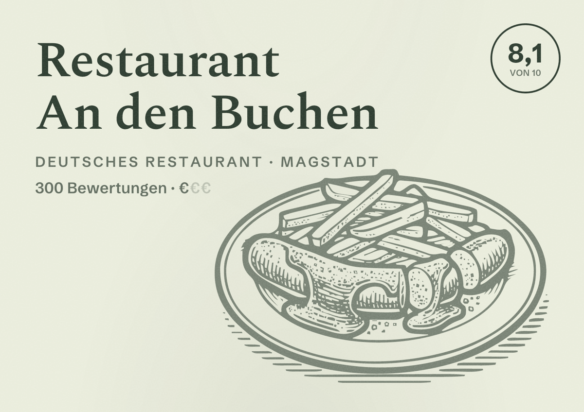 Illustriertes Poster von Restaurant An den Buchen, Deutsches Restaurant in Magstadt: Bewertung 8,1 von 10 aus 300 Bewertungen, Preisniveau €