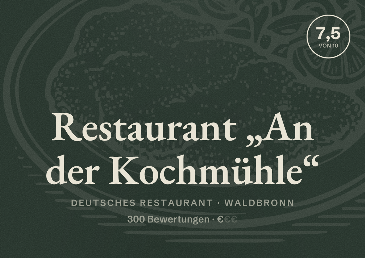 Illustriertes Poster von Restaurant „An der Kochmühle“, Deutsches Restaurant in Waldbronn: Bewertung 7,5 von 10 aus 300 Bewertungen, Preisniveau €