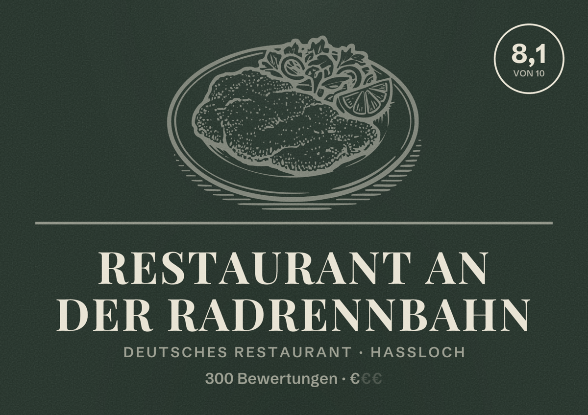 Illustriertes Poster von Restaurant an der Radrennbahn, Deutsches Restaurant in Haßloch: Bewertung 8,1 von 10 aus 300 Bewertungen, Preisniveau €