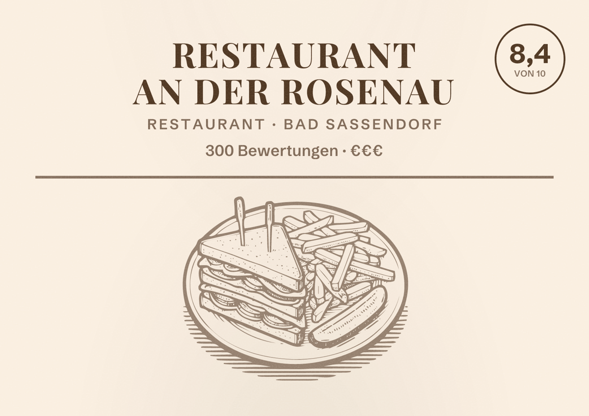 Illustriertes Poster von Restaurant an der Rosenau, Restaurant in Bad Sassendorf: Bewertung 8,4 von 10 aus 300 Bewertungen, Preisniveau €€€