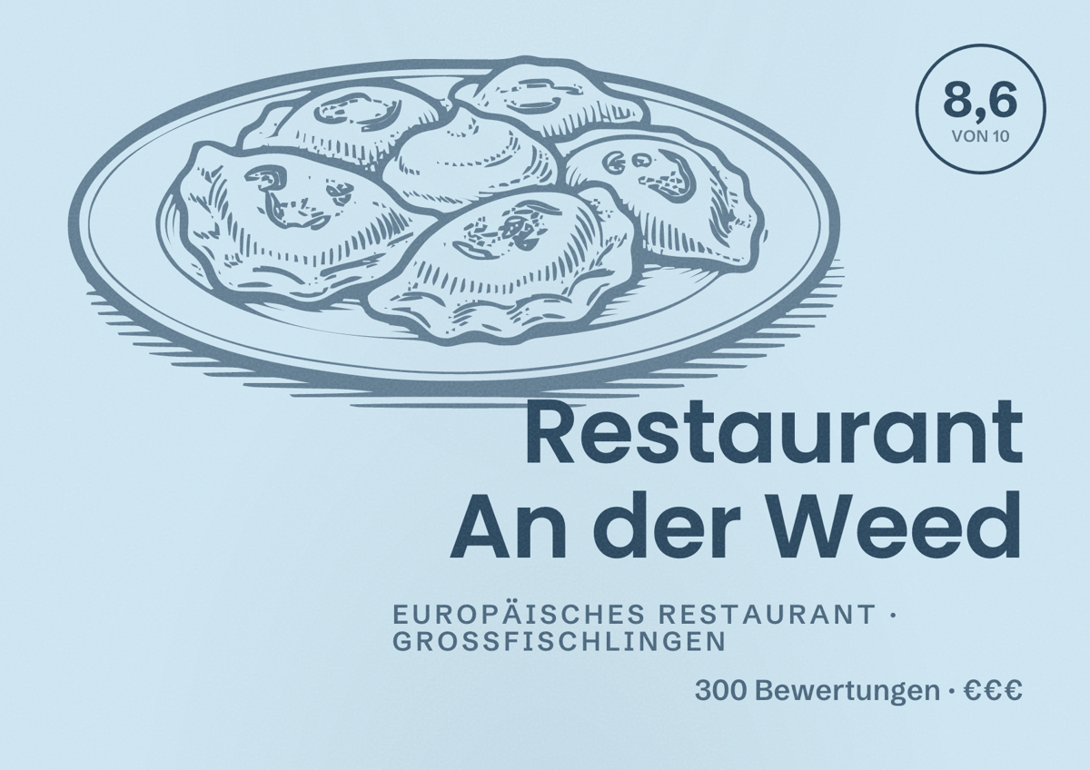 Illustriertes Poster von Restaurant An der Weed, Europäisches Restaurant in Großfischlingen: Bewertung 8,6 von 10 aus 300 Bewertungen, Preisniveau €€€