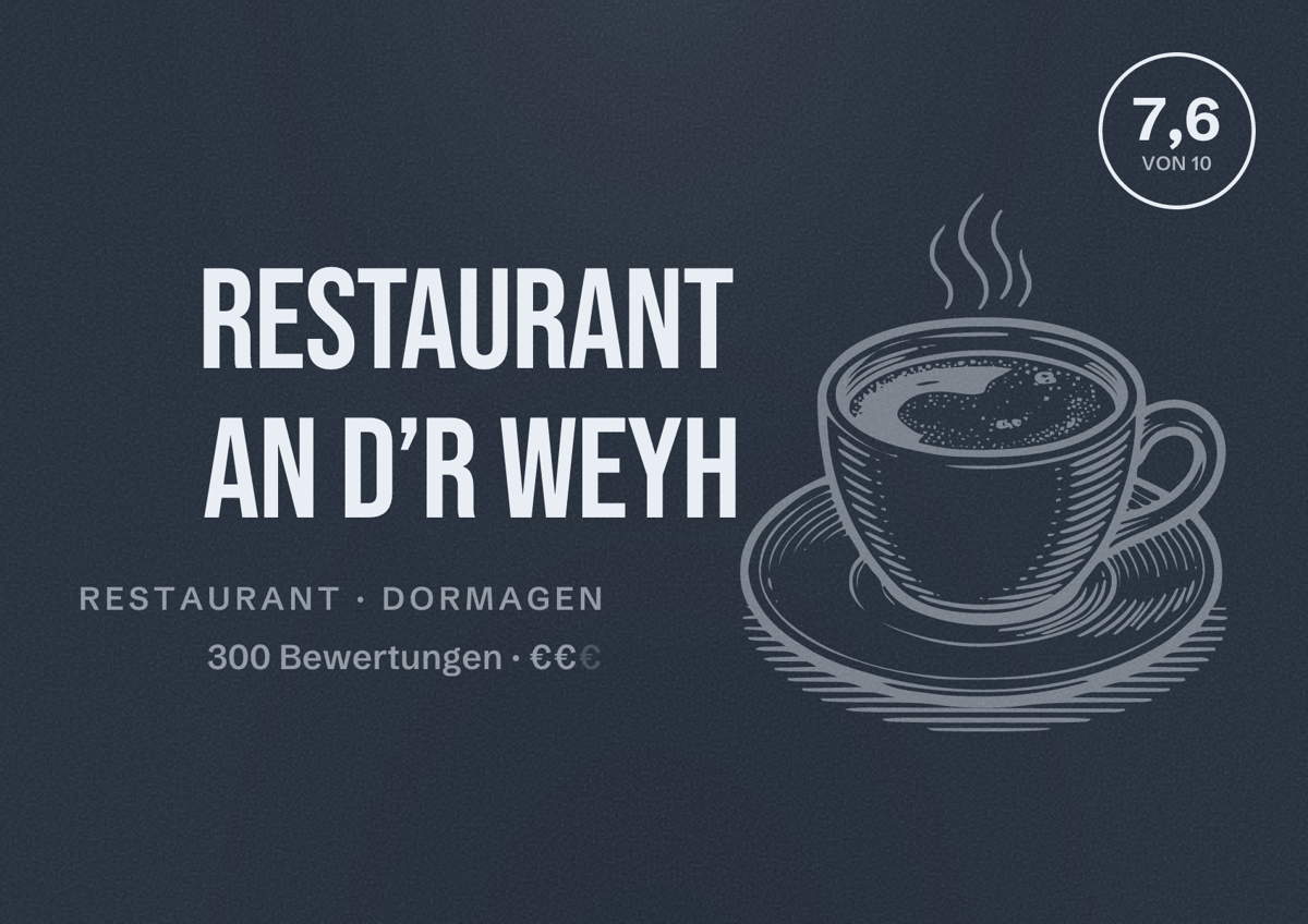 Illustriertes Poster von Restaurant An d’r Weyh, Restaurant in Dormagen: Bewertung 7,6 von 10 aus 300 Bewertungen, Preisniveau €€