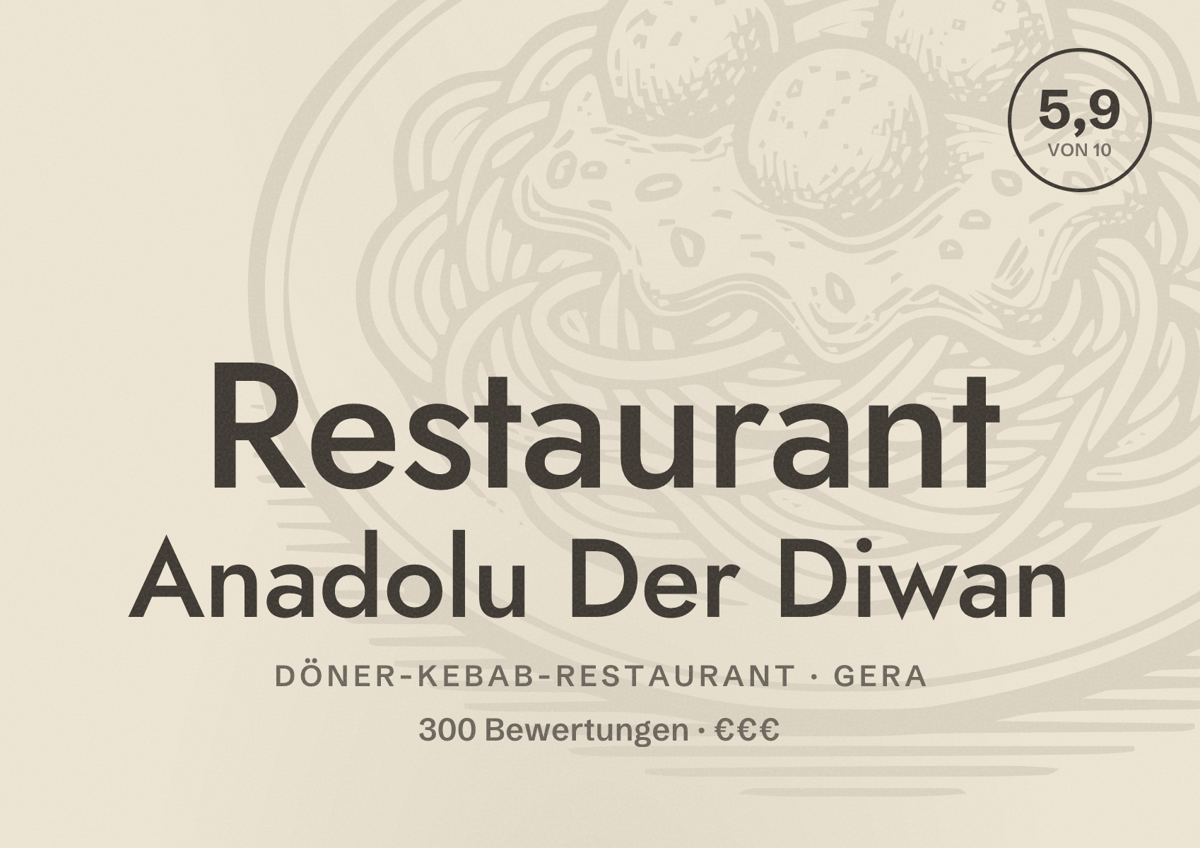 Illustriertes Poster von Restaurant Anadolu Der Diwan, Döner-Kebab-Restaurant in Gera: Bewertung 5,9 von 10 aus 300 Bewertungen, Preisniveau €€€