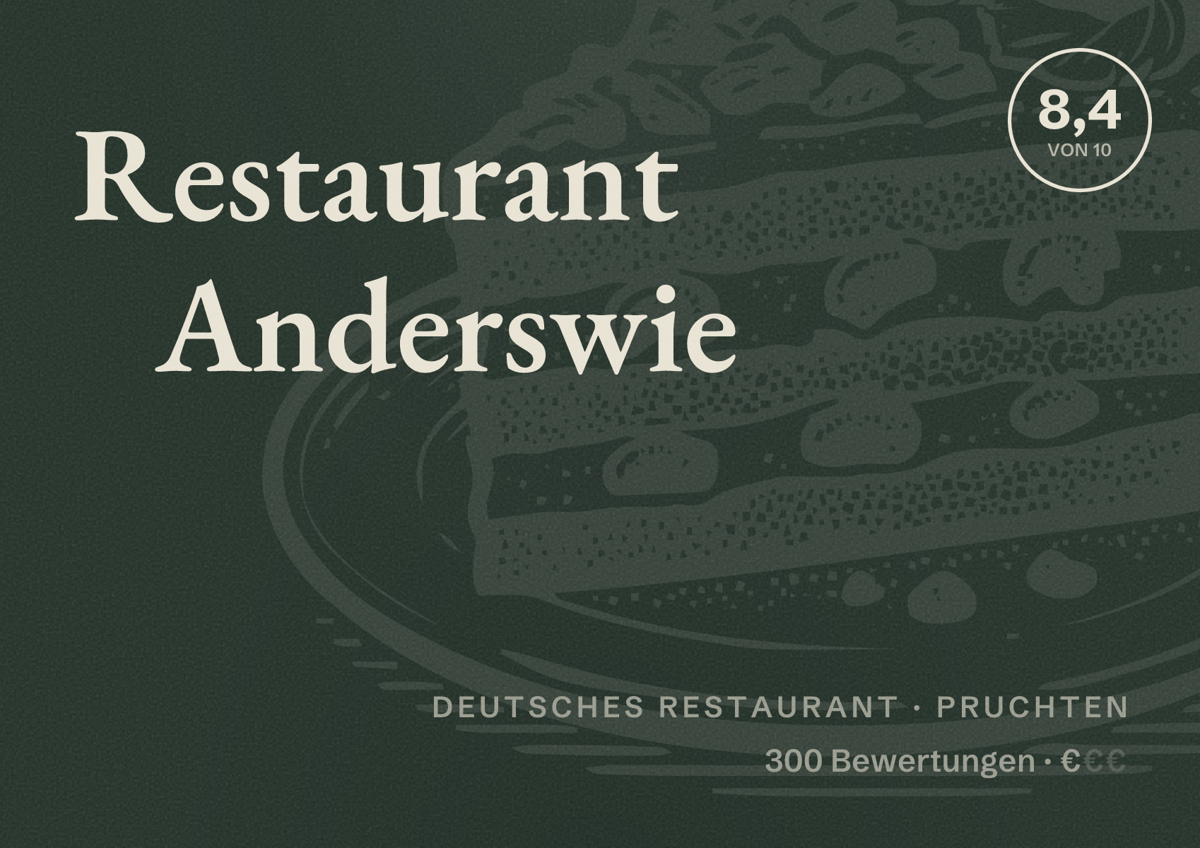 Illustriertes Poster von Restaurant Anderswie, Deutsches Restaurant in Pruchten: Bewertung 8,4 von 10 aus 300 Bewertungen, Preisniveau €