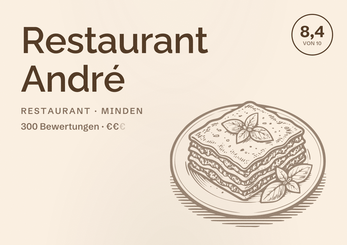 Illustriertes Poster von Restaurant André, Restaurant in Minden: Bewertung 8,4 von 10 aus 300 Bewertungen, Preisniveau €€