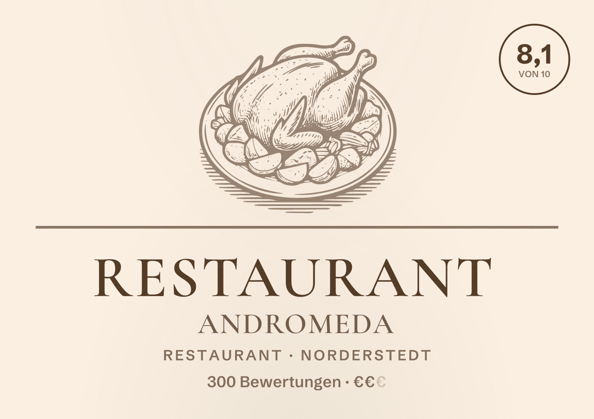 Illustriertes Poster von Restaurant Andromeda, Restaurant in Norderstedt: Bewertung 8,1 von 10 aus 300 Bewertungen, Preisniveau €€