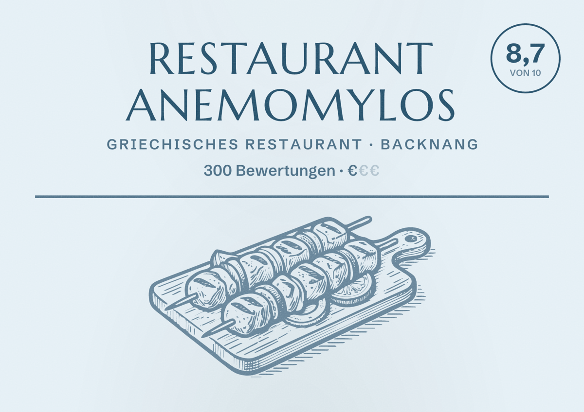 Illustriertes Poster von Restaurant Anemomylos, Griechisches Restaurant in Backnang: Bewertung 8,7 von 10 aus 300 Bewertungen, Preisniveau €